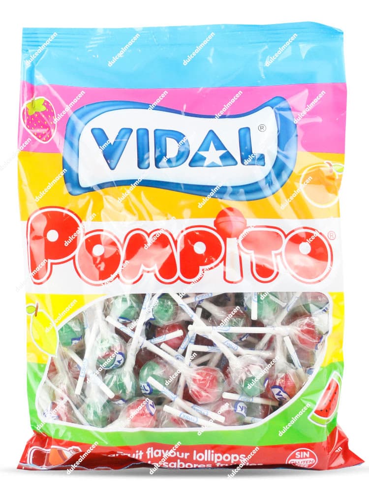 Bolsa de 100 unidades de caramelos con palo Vidal Pompito sabor sandía rellenos de chicle con envoltorio rojo y verde - Dulcealmacen