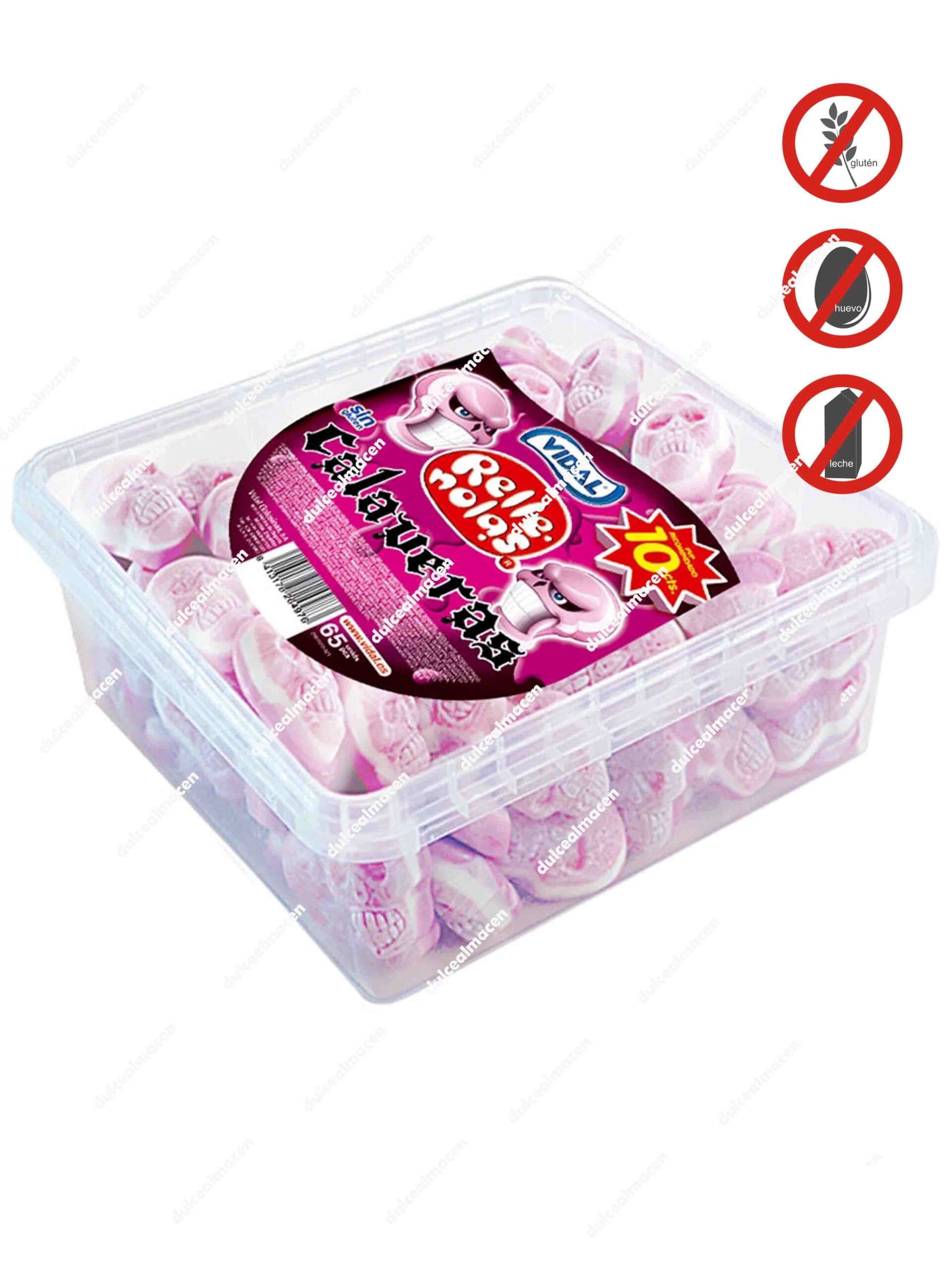 Tarro expositor de 75 unidades de gominolas con forma de calavera sin gluten de la marca Vidal, gama Rellenola - Dulcealmacen
