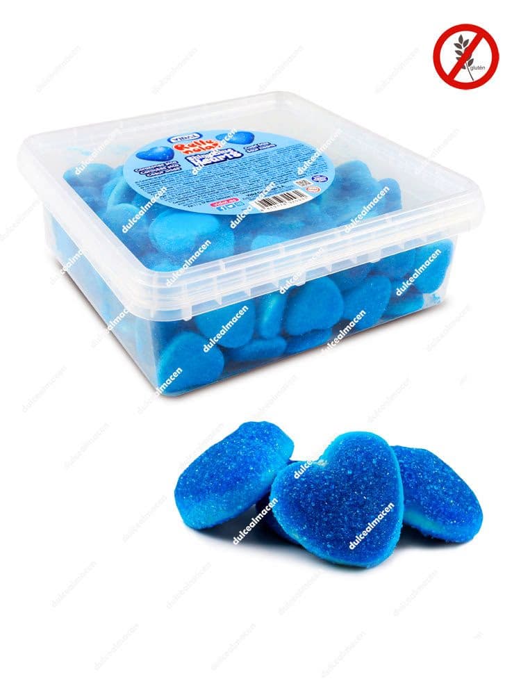 Caja de gominolas Vidal Rellenolas Corazones Pica Frambuesa de 150 unidades con caramelos de goma con forma de corazón azul rellenos y sin gluten de Dulcealmacen