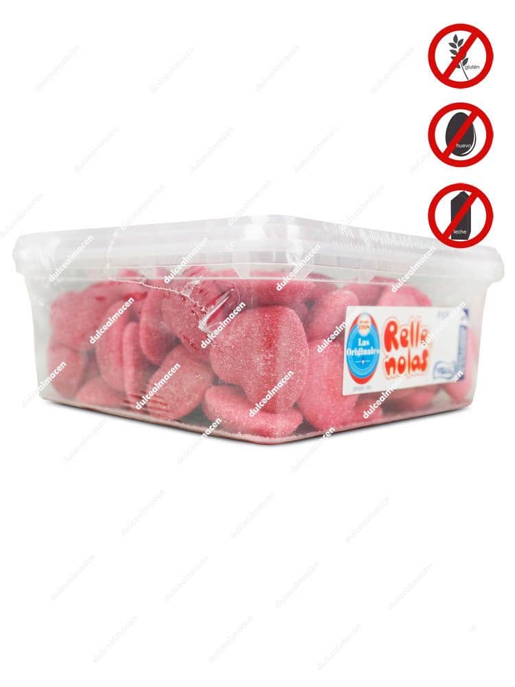 Tarro transparente de 75 unidades de Vidal Rellenolas Corazones sabor fresa con pica y relleno líquido, con sellos de sin gluten y sin grasa - Dulcealmacen