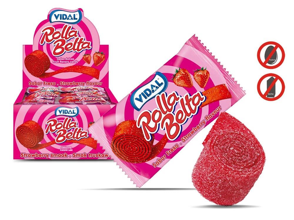 Caja de gominolas Vidal Rolla Belta de 24 unidades con rollos de regaliz de fresa ácido envueltos individualmente de Dulcealmacen
