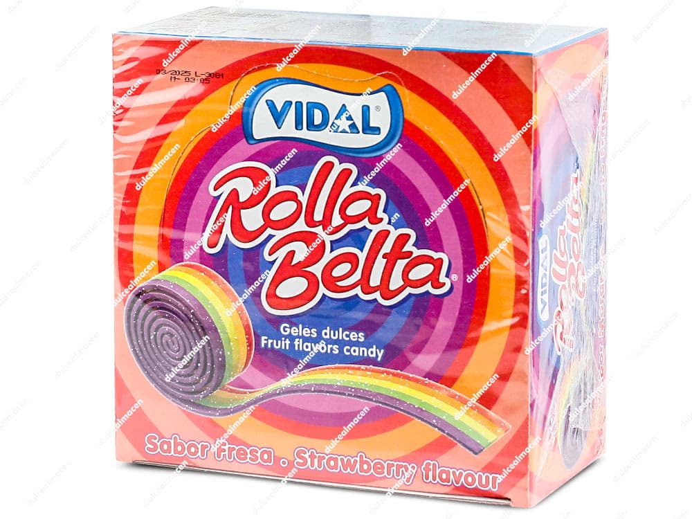 Caja de gominolas Vidal Rolla Belta Multicolor de 24 unidades con rollos de regaliz arcoíris ácido envueltos individualmente de Dulcealmacen