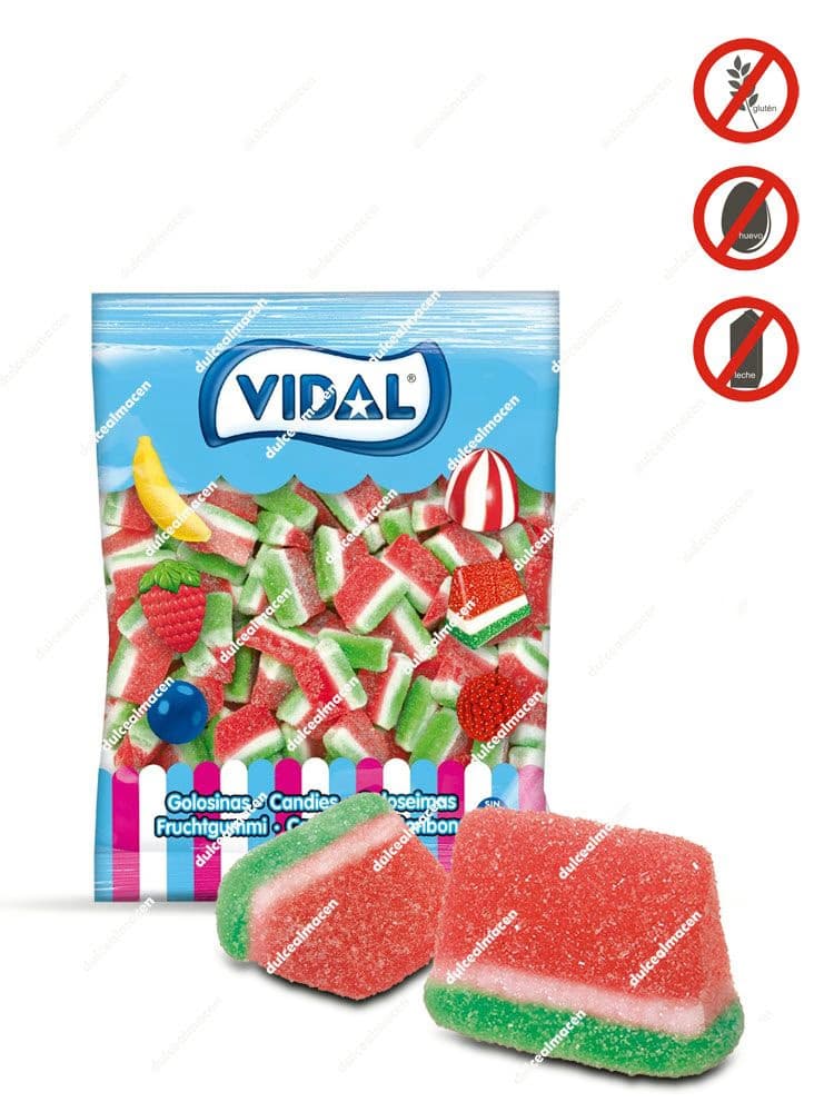 Bolsa de gominolas Vidal Tajada Sandía de 1 kg con caramelos de goma ácidos en forma de gajos tricolores sin gluten de Dulcealmacen