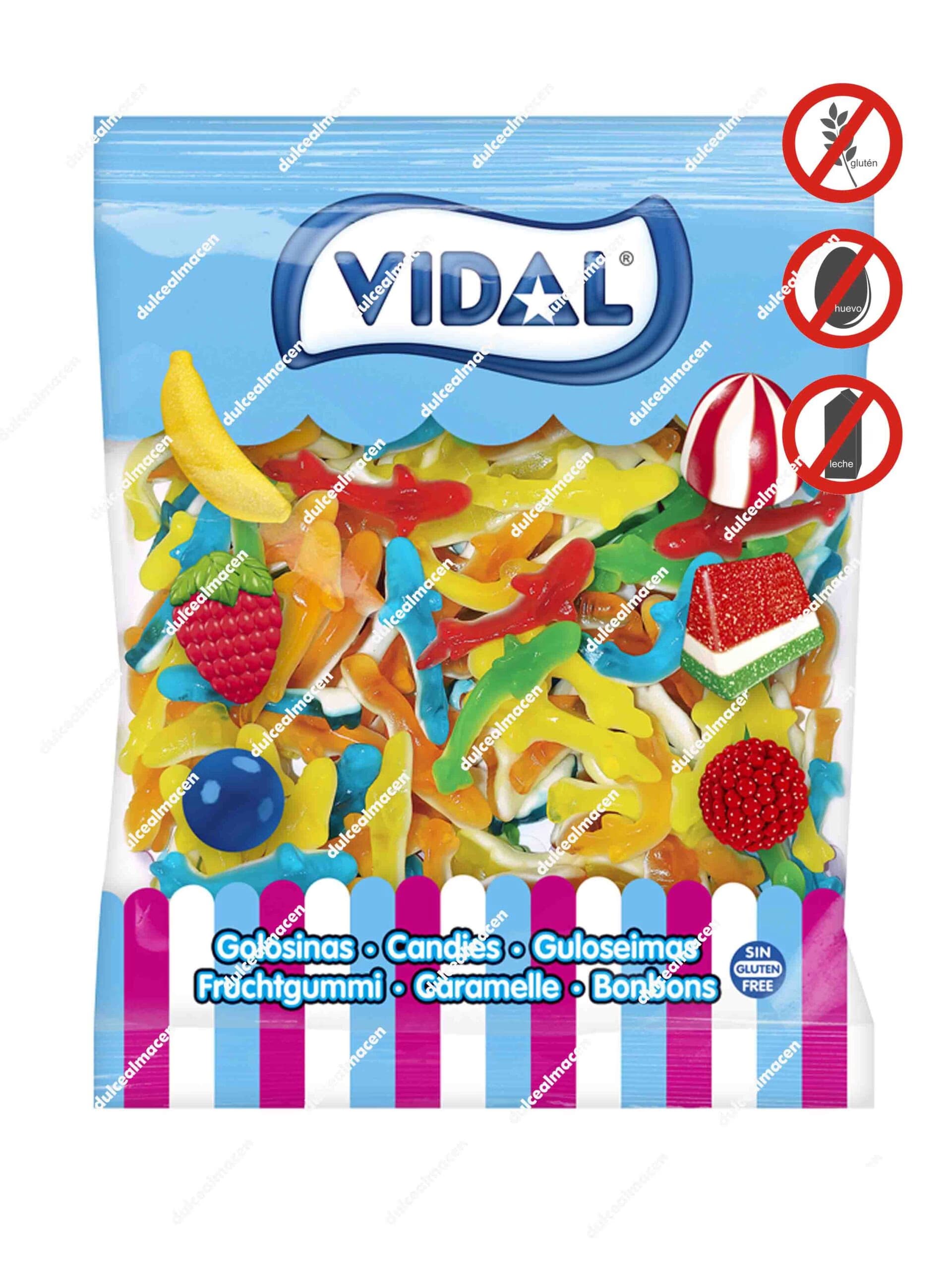 Bolsa de gominolas Vidal Tiburones Surtidos de 1 kg con caramelos de goma multicolor con forma de escualos marinos libres de alérgenos de Dulcealmacen