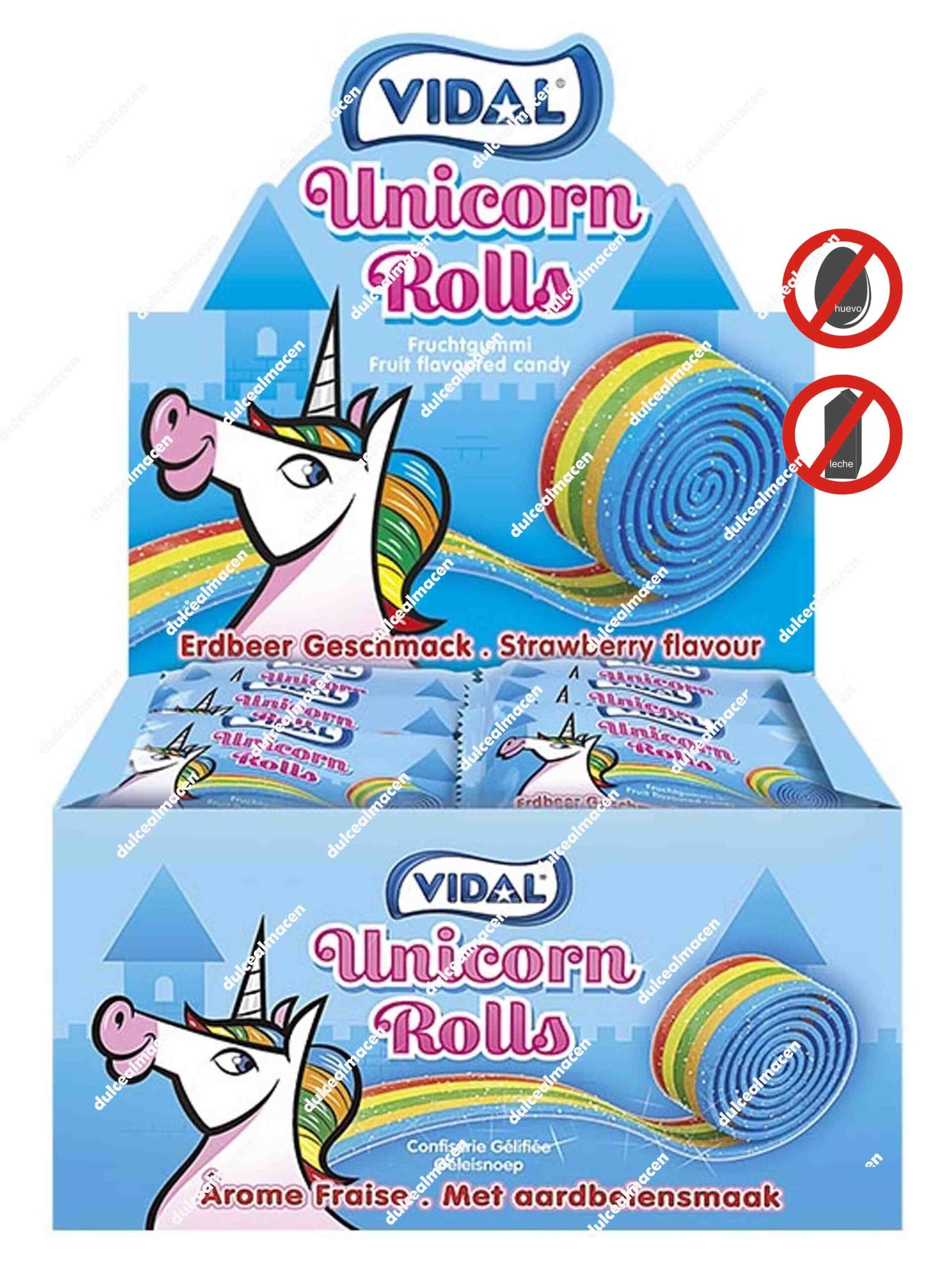 Caja expositora de color azul de Vidal Unicorn Rolls 24 uds mostrando la ilustración de un unicornio rosa y los rollos de gominola arcoíris cubiertos de azúcar ácido en el archivo image_e4fd3f.jpg - Dulcealmacen
