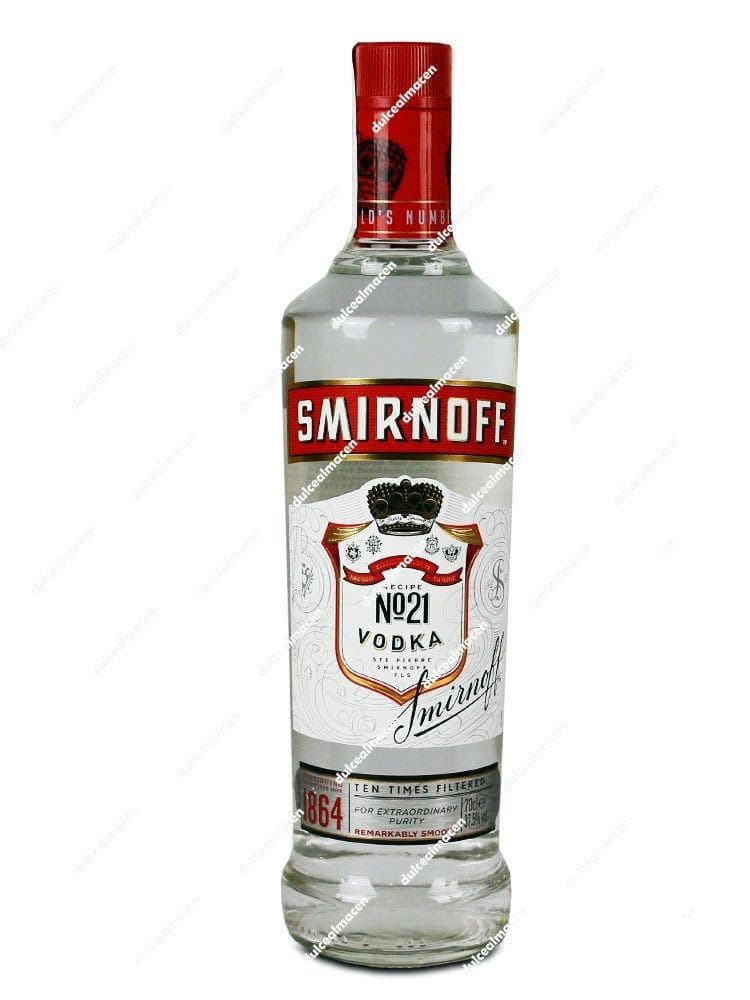 Botella de Vodka Smirnoff Red 0.70L con etiqueta roja y tapón plateado - Dulcealmacen