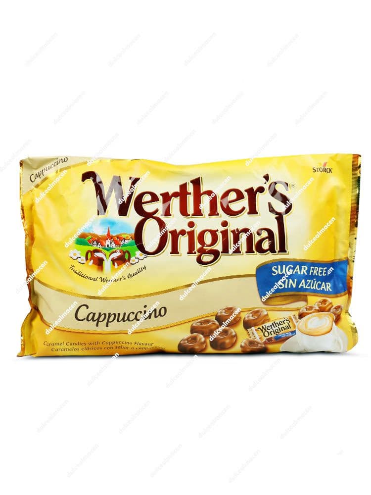 Bolsa de 1 kg de caramelos Werther's Original Cappuccino Sin Azúcar en tonos amarillos y marrones con la indicación Sugar Free - Dulcealmacen