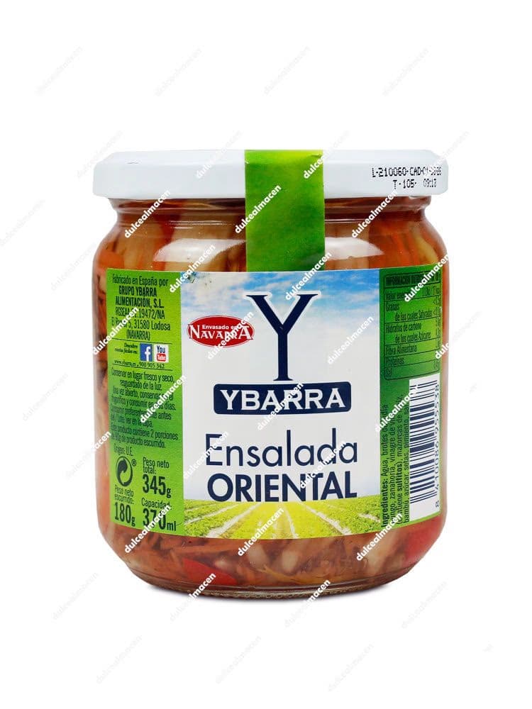 Frasco de vidrio de 345 gramos de Ensalada Oriental Ybarra con etiqueta blanca y verde - Dulcealmacen