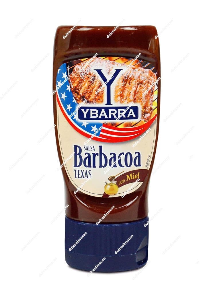 Bote de 250ml de Salsa Barbacoa Texas con Miel Ybarra, envase de color marrón oscuro con bandera estadounidense y detalle de miel - Dulcealmacen