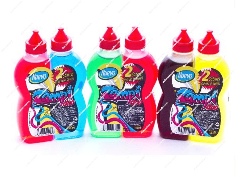 Tres parejas de botellas Zamba Zampi Dúo mostrando los sabores fresa-azul, lima-fresa y cola-limón con tapón rojo - Dulcealmacen