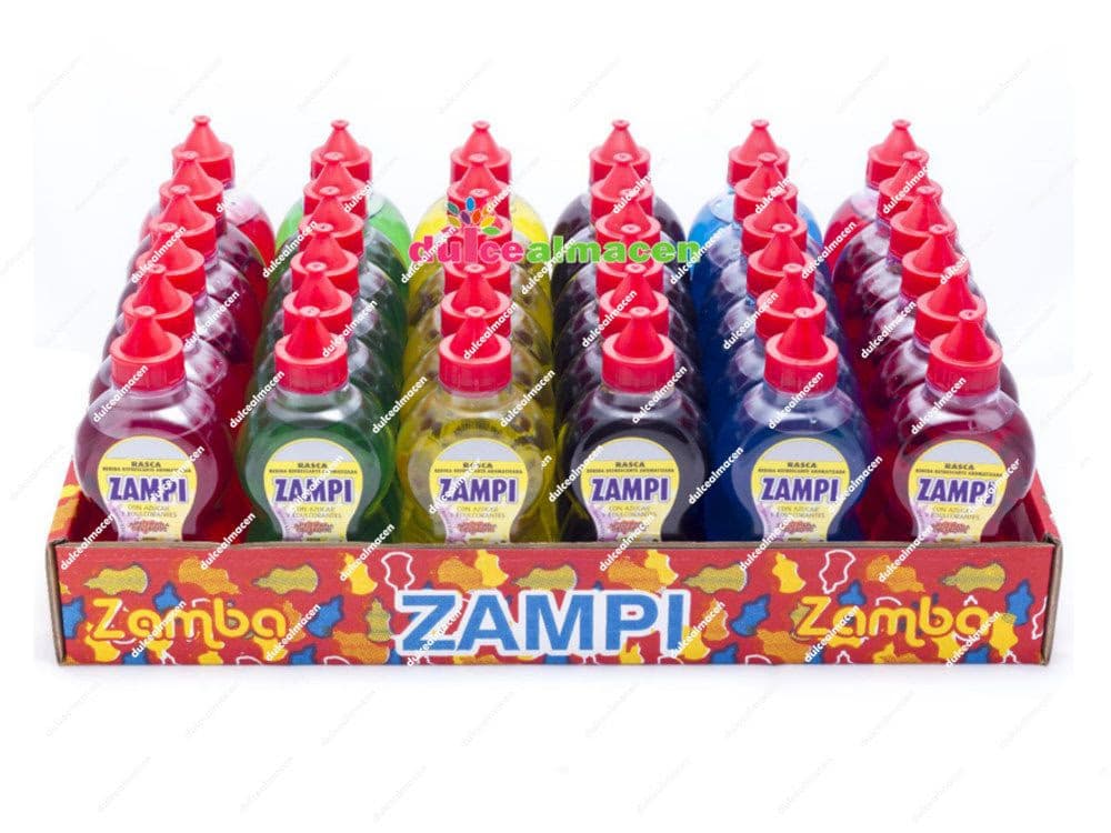 Bandeja roja de Zamba Zampi con 36 botellitas de golosina líquida de colores surtidos como rojo, verde, amarillo y azul con tapones rojos - Dulcealmacen
