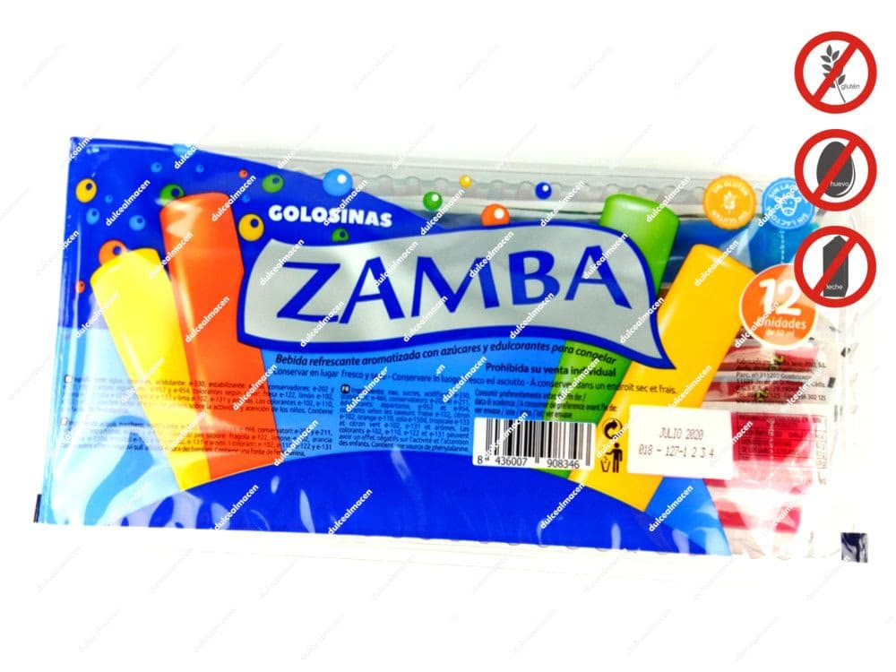 Bolsa transparente con bandeja de 12 unidades de Zamba Flash de colores surtidos mostrando sellos de sin gluten, sin lactosa, sin huevo y sin leche - Dulcealmacen