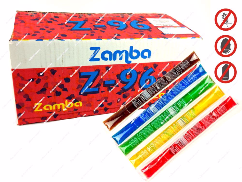 Caja roja de Zamba Z-96 con 100 unidades y cinco polos de hielo de colores variados (cola, azul, verde, naranja, rojo) mostrando sellos de sin gluten, sin huevo y sin leche - Dulcealmacen