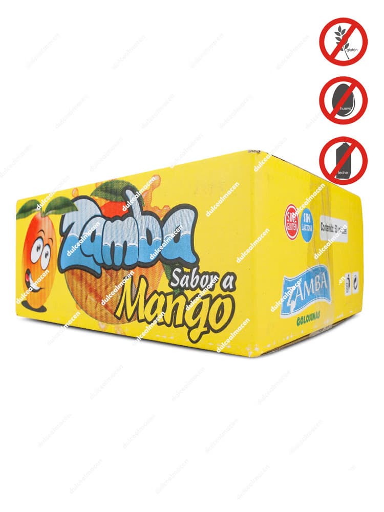 Caja amarilla de Zamba Flash sabor Mango con iconos que indican que es sin gluten, sin lactosa y sin huevo - Dulcealmacen
