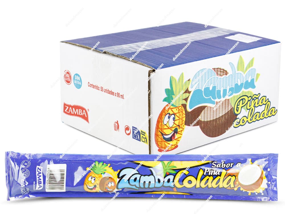 Caja blanca de Zamba Flash sabor Piña Colada con dibujo de una piña y un coco junto a un polo individual de color azul - Dulcealmacen