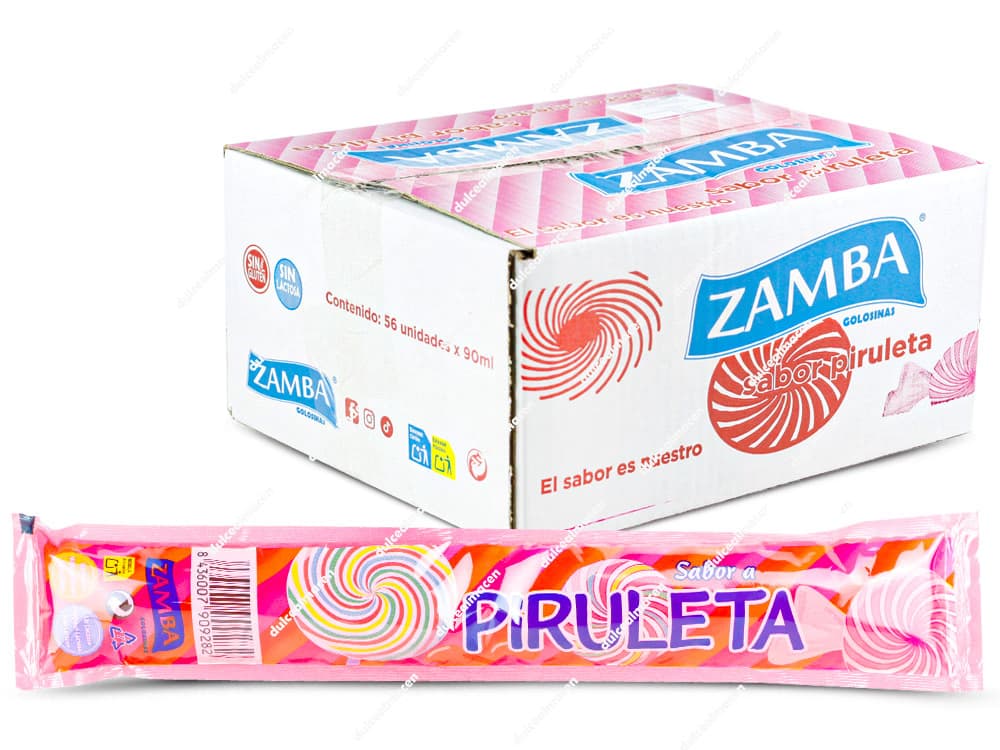 Caja blanca de Zamba Flash sabor piruleta con 56 unidades y polo individual de color rosa con diseño de espiral - Dulcealmacen