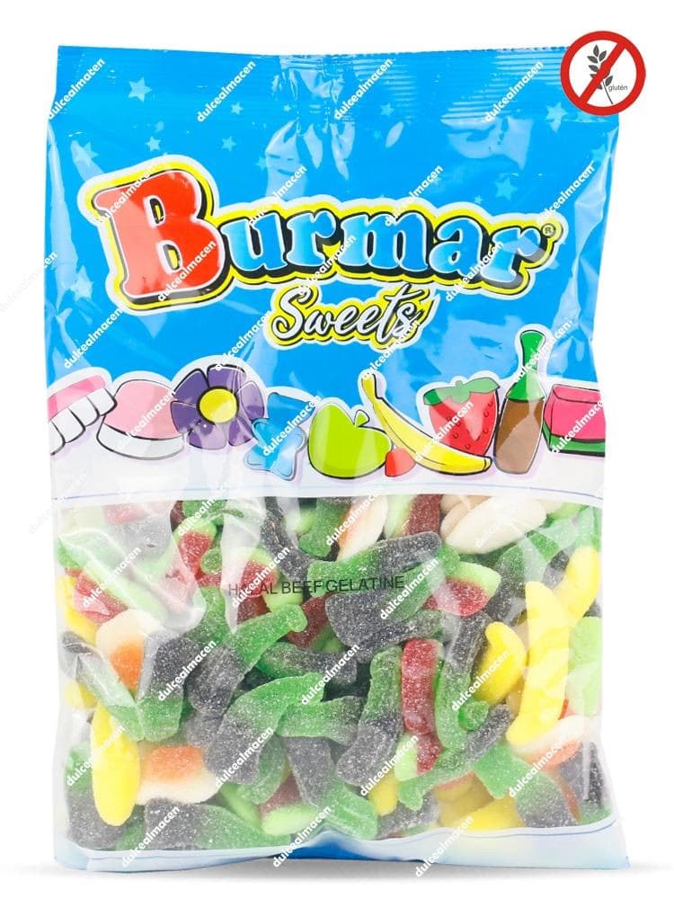 Bolsa de 1kg de Burmar Sweets Mix Grande con Azúcar mostrando gominolas de diversas formas como botellas y frutas con el sello de sin gluten - Dulcealmacen