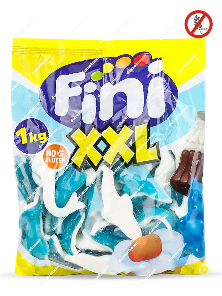 Bolsa de 1 kg de gominolas Fini XXL Maxi Delfines, piezas grandes bicolor azul y blanco con sello sin gluten - Dulcealmacen