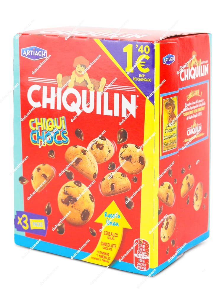 Caja de galletas vertical de color rojo y azul claro de la marca Artiach Chiquilín Chiqui Chocs, que indica que contiene 3 bolsitas, mostrando ilustraciones de mini galletas con pepitas de chocolate y un precio recomendado de 1,40 euros en la esquina superior - Dulcealmacen