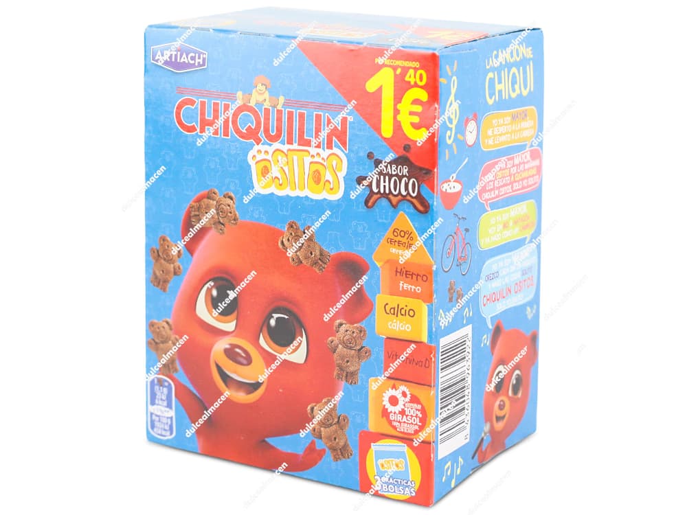 Caja azul de galletas infantiles Artiach Chiquilín Ositos sabor Choco de 120 gramos, mostrando un osito rojo de dibujos animados, galletas con forma de oso y sello de promoción de 1€ - Dulcealmacen