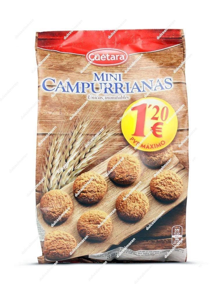 Bolsa de galletas Cuétara Mini Campurrianas de 260 gramos, mostrando las galletas pequeñas y rústicas sobre una mesa de madera con espigas de trigo - Dulcealmacen