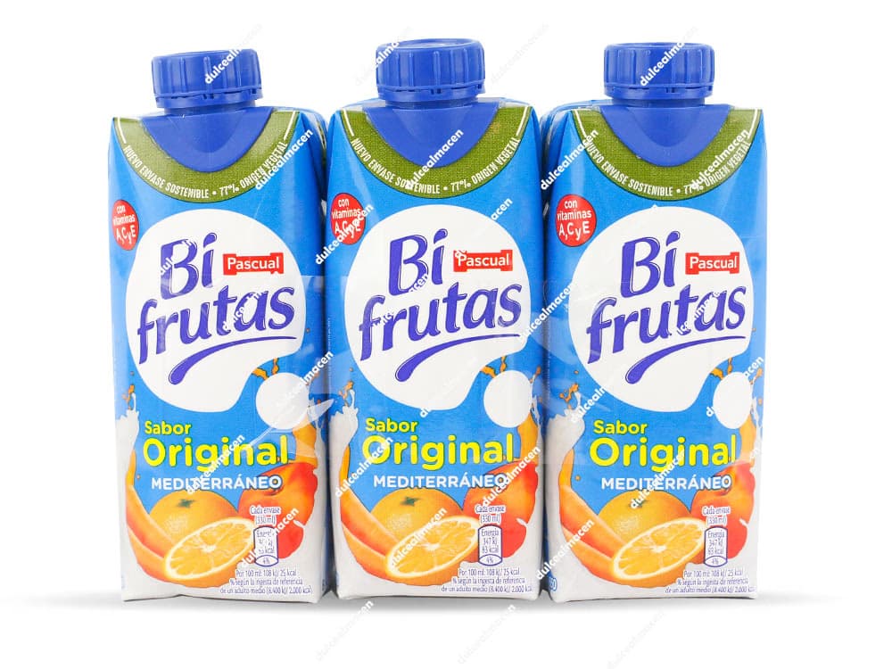 Pack de tres envases de Bifrutas Mediterráneo de 330 ml de color azul con imágenes de naranja y melocotón y tapón azul - Dulcealmacen