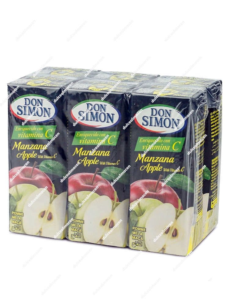 Pack de 6 briks de 200 ml de Zumo de Manzana Don Simón enriquecido con Vitamina C con dibujo de manzanas sobre fondo blanco en Dulcealmacen