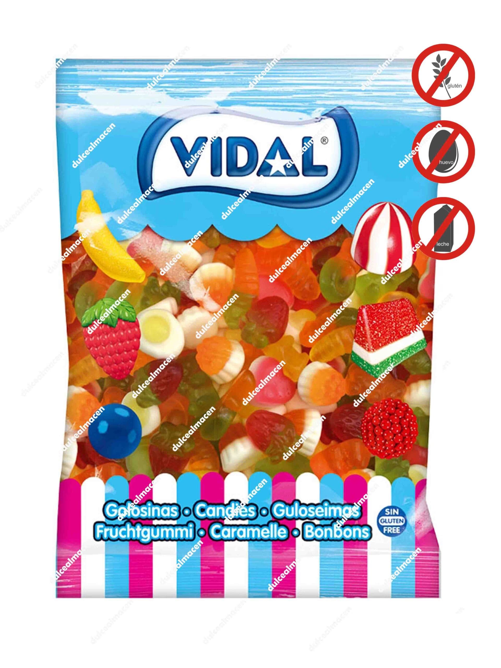 Bolsa de Vidal fab mix 1 kg con diseño azul y blanco, mostrando un surtido de gominolas de colores y sellos de sin gluten, sin huevo y sin leche - Dulcealmacen