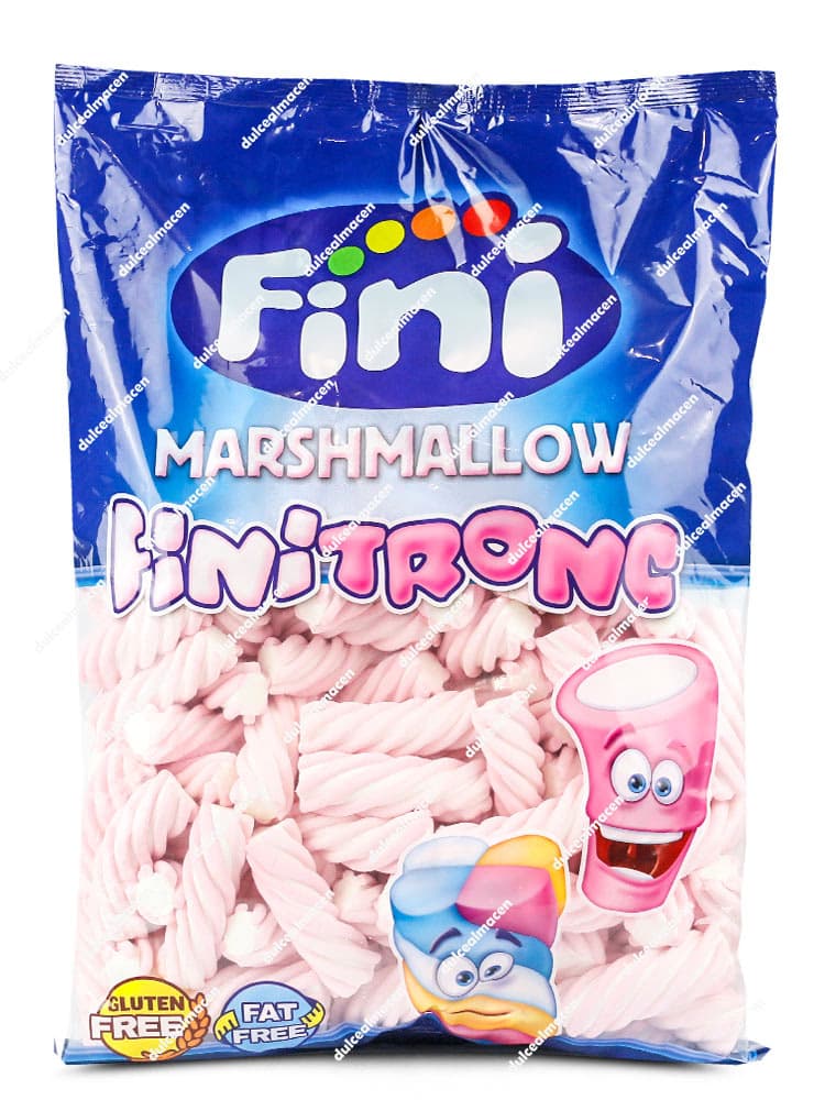 Bolsa de 125 unidades de Fini Marshmallow Finitronic Estriado mostrando las nubes rosas y blancas con sellos de sin gluten y sin grasa - Dulcealmacen