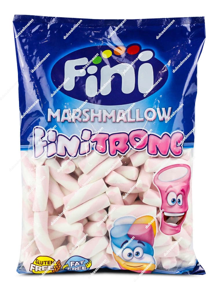 Bolsa de nubes Fini Finitronc Cremoso de 125 unidades, mostrando marshmallows bicolor blanco y rosa con sellos de sin gluten y sin grasa - Dulcealmacen