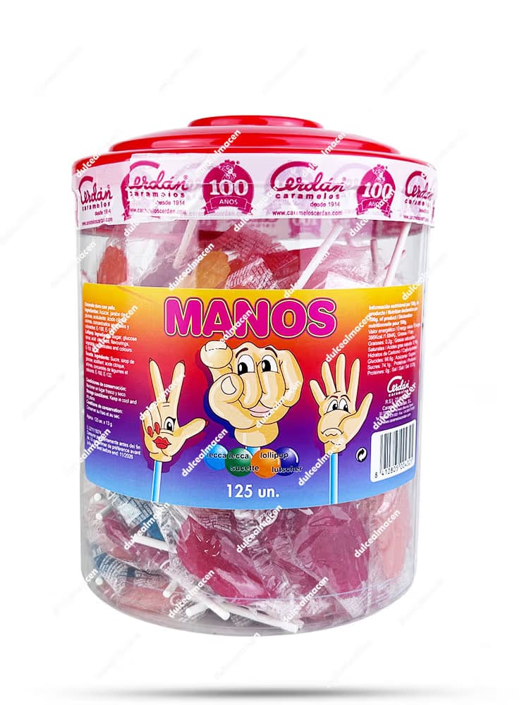 Bote transparente de Piruletas Manos de Cerdán con tapa roja conteniendo 125 caramelos con palo envueltos individualmente y con formas de manos de colores - Dulcealmacen