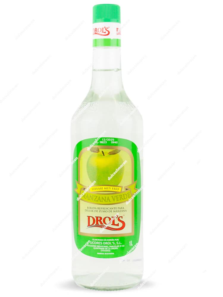Botella de Drols Licor de Manzana Verde Sin Alcohol de 1 litro con líquido transparente y etiqueta verde con una manzana - Dulcealmacen