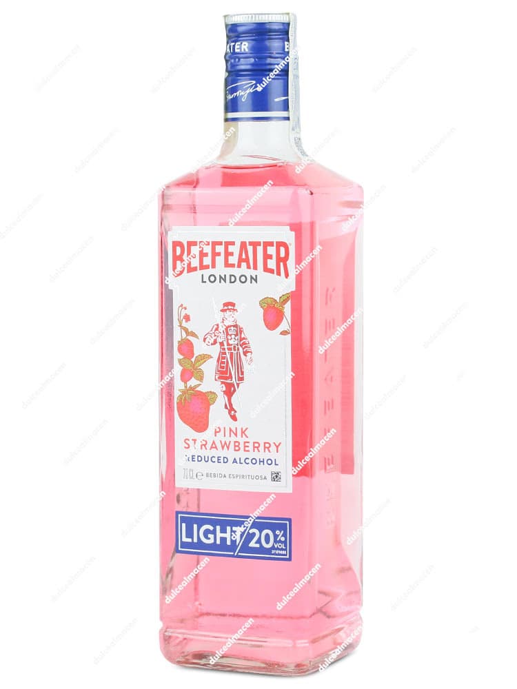 Botella de Gin Beefeater Pink Strawberry Light 0,70 L de color rosa con etiqueta Light 20% - Dulcealmacen