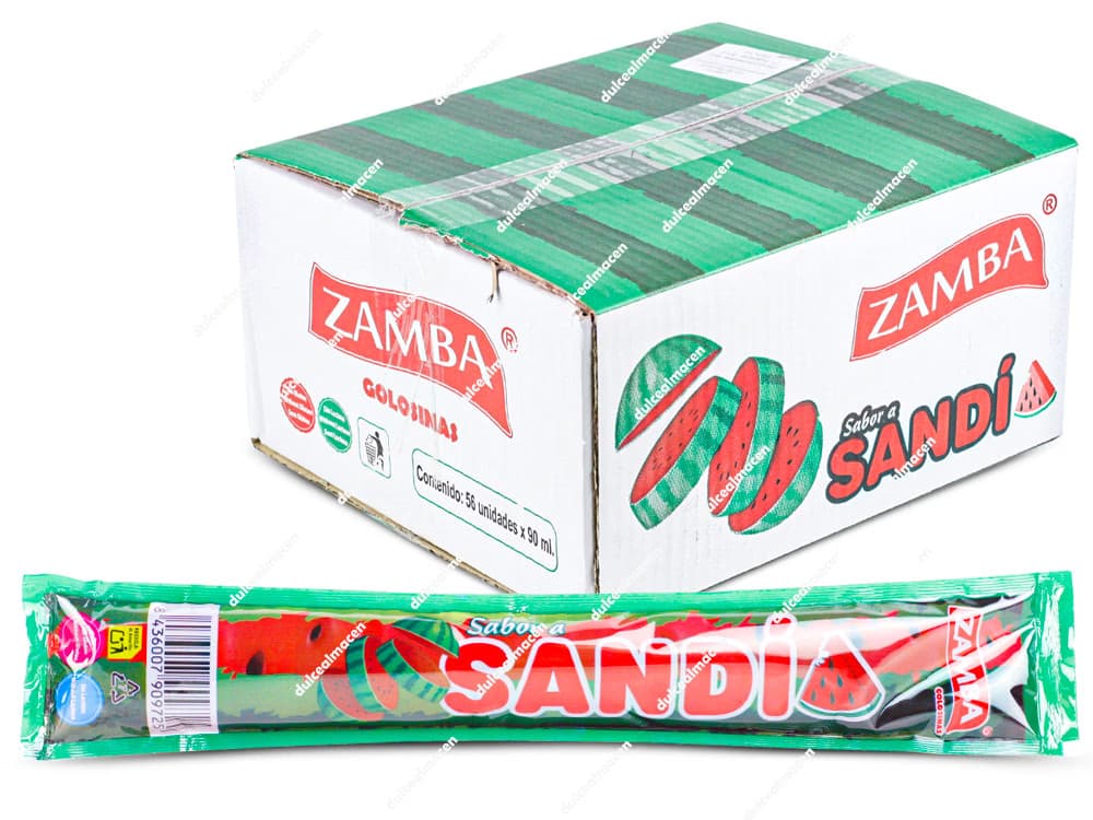 Caja blanca y verde de Zamba Flash sabor sandía junto a un polo individual de color rojo - Dulcealmacen