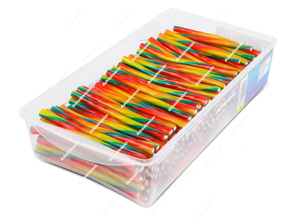 Estuche transparente con 200 unidades de regaliz relleno Fini Rellenito Tornado con diseño en espiral multicolor rojo, amarillo, verde y naranja - Dulcealmacen