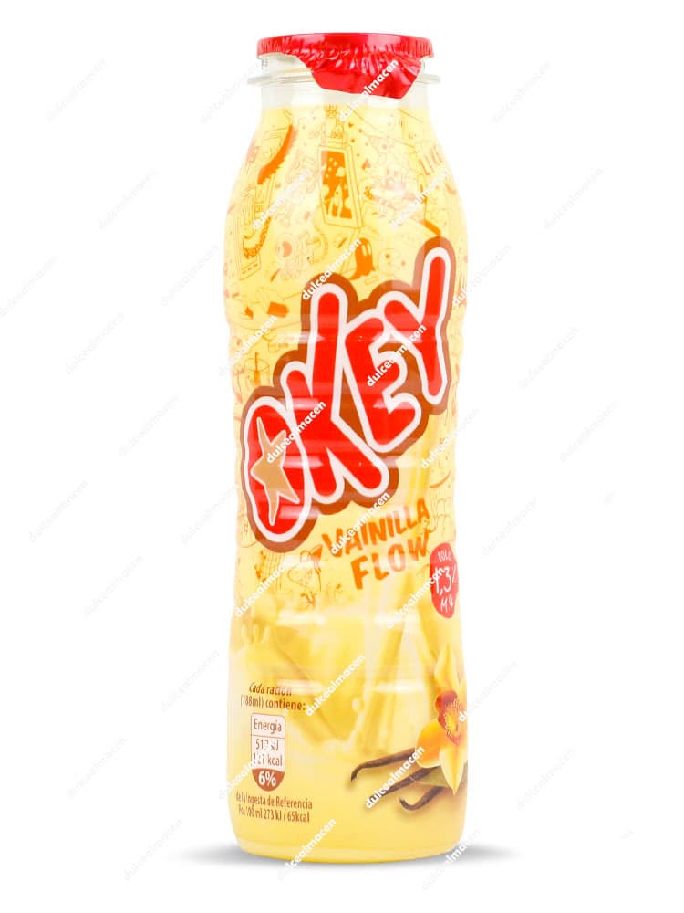 Envase individual de 188 ml de Batido Okey Vainilla con pajita, destacando su contenido en vitaminas y calcio - Dulcealmacen