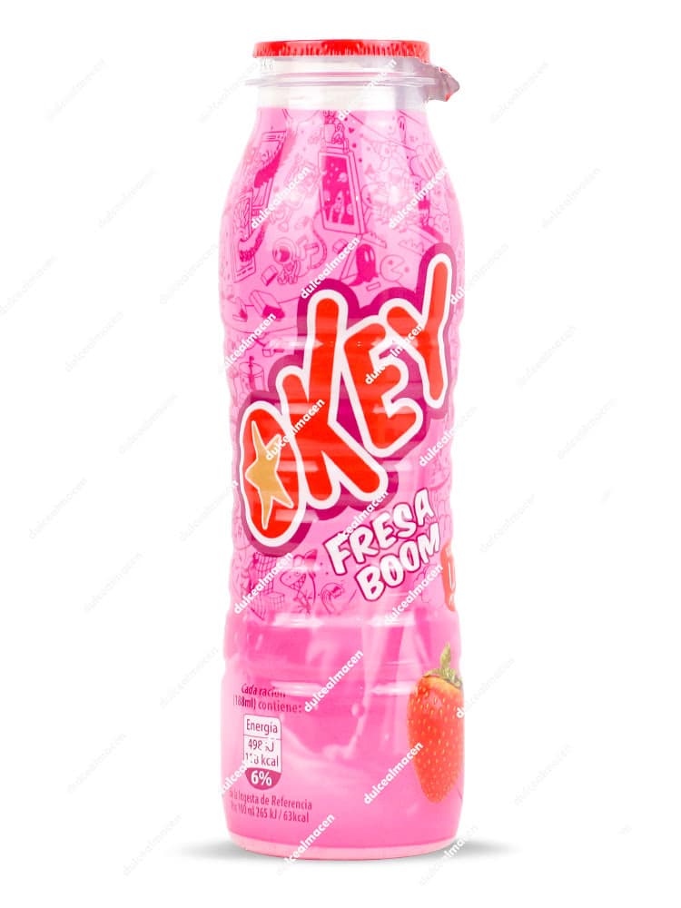 Botella de 188 ml de Batido Okey Fresa Boom con diseño rosa vibrante y dibujo de una fresa, destacando el 6% de energía sobre fondo blanco en Dulcealmacen