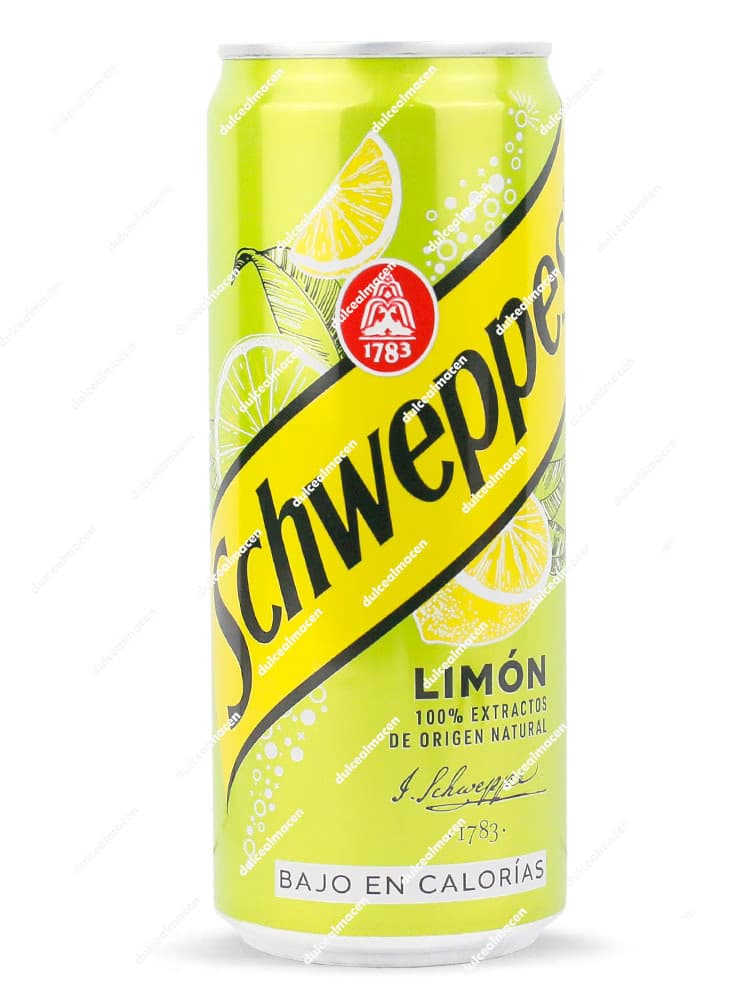 Lata de 33 cl de Tónica Schweppes Limón de color amarillo brillante con dibujos de rodajas de limón y sello de Bajo en Calorías - Dulcealmacen