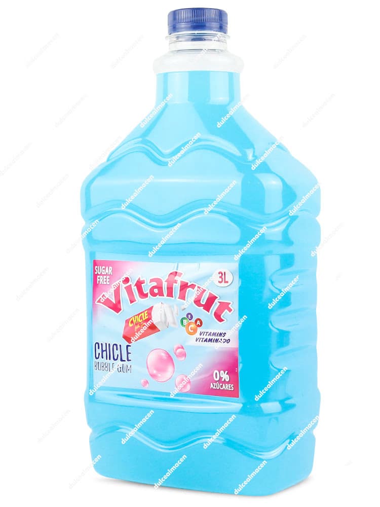 Garrafa azul de 3 litros de bebida Vitafrut Sabor Chicle con etiqueta rosa y sello de 0% azúcares añadidos - Dulcealmacen