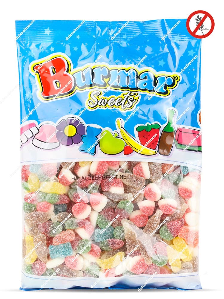 Bolsa azul de Burmar Mini Mix Ácido 1 kg con gominolas variadas recubiertas de azúcar y sello de Sin Gluten - Dulcealmacen
