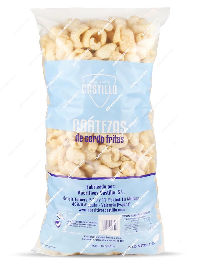 Bolsa de 1 kg de cortezas de cerdo fritas tradicionales de la marca Aperitivos Castillo, fabricado en España - Dulcealmacen
