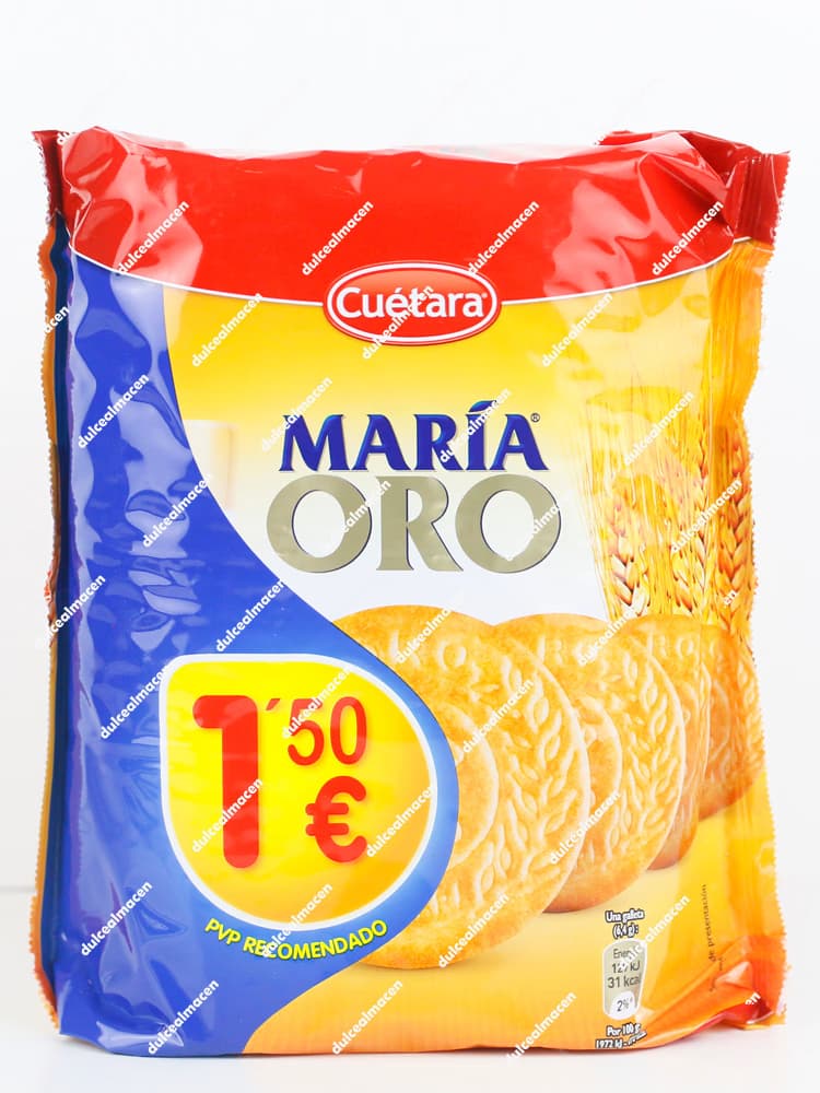 Paquete de Galletas Cuétara María Oro de 400 gramos, con diseño azul y amarillo mostrando las galletas doradas y tostadas - Dulcealmacen