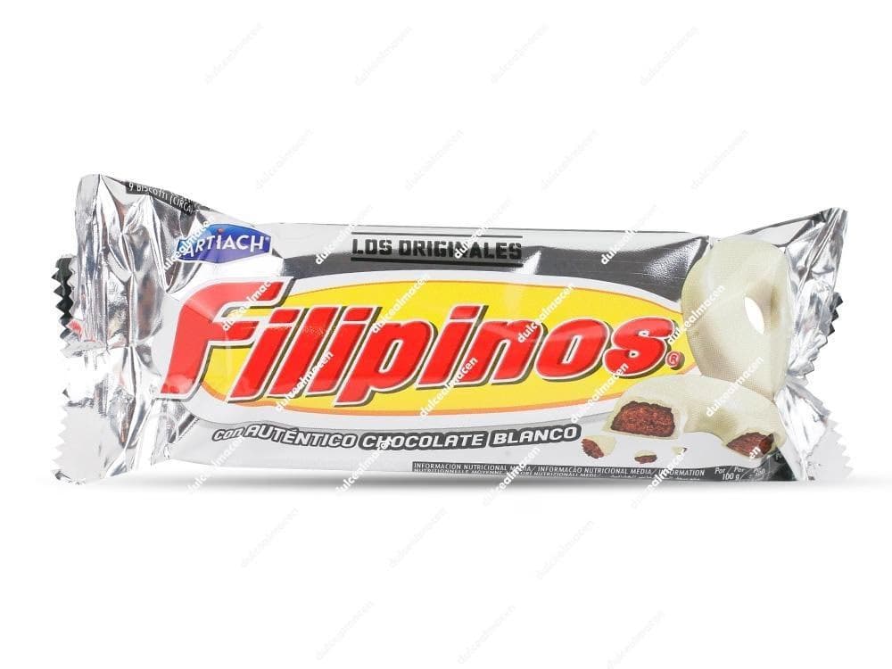 Paquete pequeño y alargado de galletas Filipinos con Auténtico Chocolate Blanco de 67 gramos, con diseño plateado y rojo, mostrando dos rosquillas de chocolate blanco en el lado derecho - Dulcealmacen