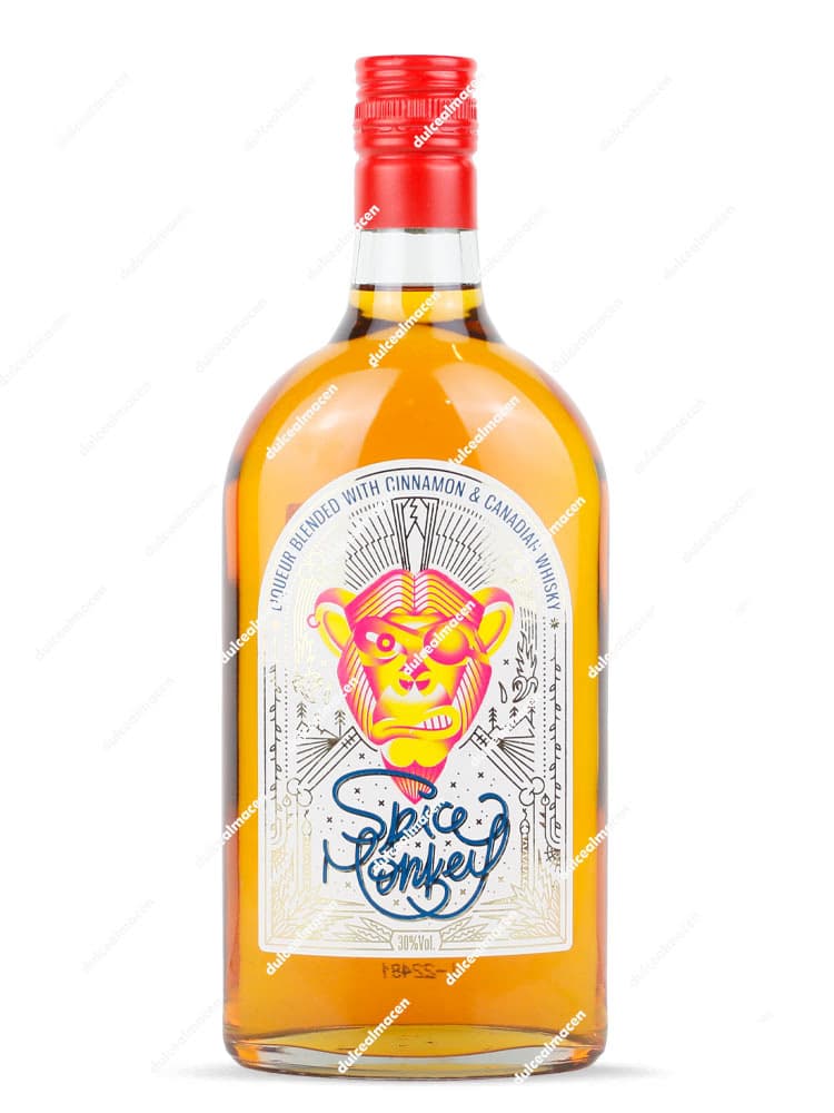 Botella de Spice Monkey 0,70 L con etiqueta roja y negra de un simio - Dulcealmacen