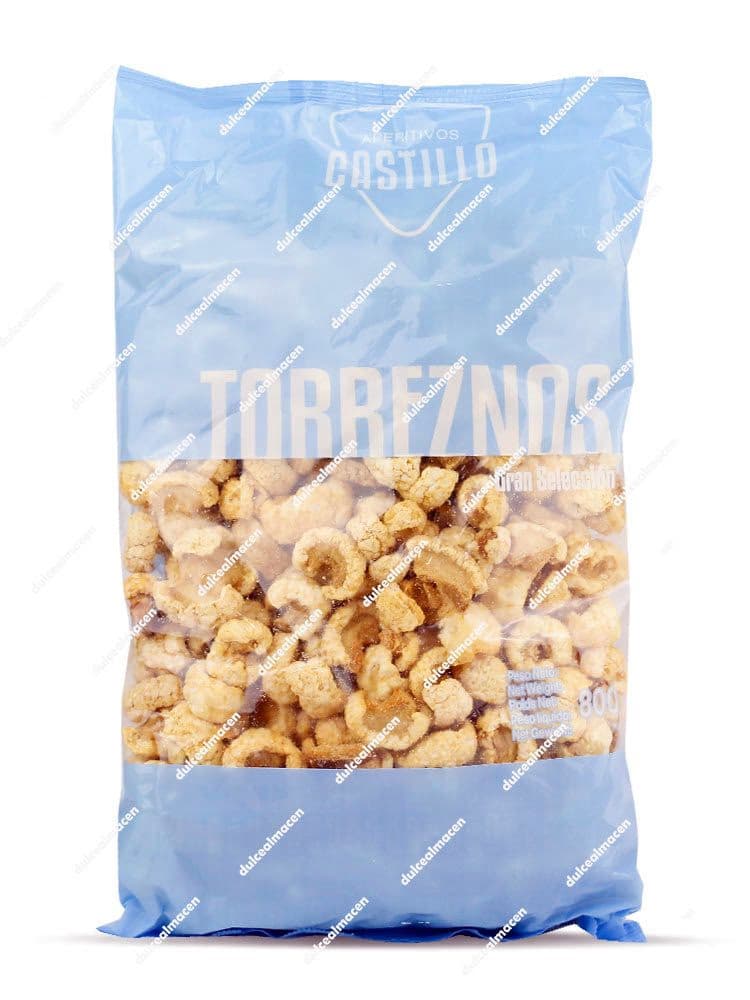 Bolsa de 800 gramos de Torreznos Gran Selección de la marca Aperitivos Castillo, snack de corteza de cerdo frita tradicional - Dulcealmacen