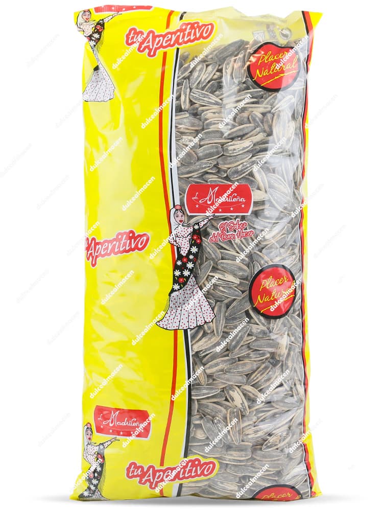 Bolsa de 1kg de Pipas de Girasol Superlargas Aguasal de la marca La Madrileña mostrando el calibre de las pipas y el logotipo tradicional - Dulcealmacen