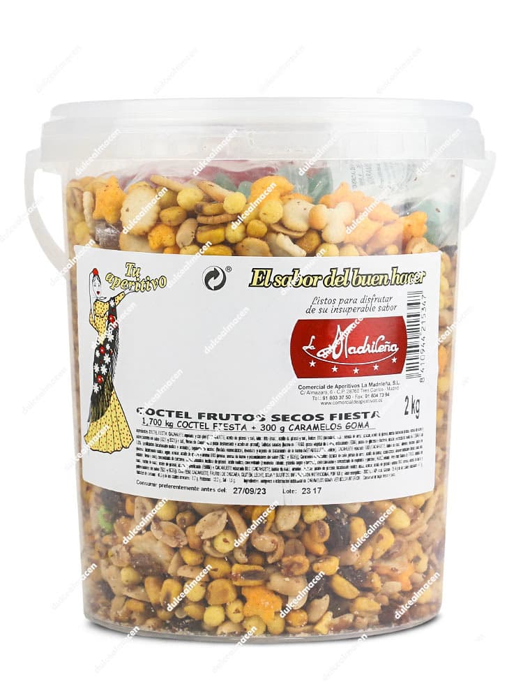 Madrileña Cubo Frutos Secos con bolsa de gominolas visible en el interior y asa blanca - Dulcealmacen