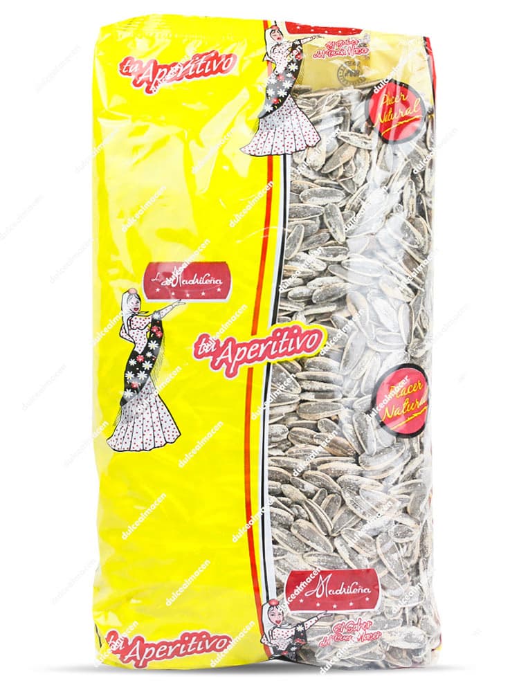 Bolsa amarilla de 1 kg de pipas de girasol superlargas con sal de la marca La Madrileña gama Tu Aperitivo con ilustración de una flamenca - Dulcealmacen