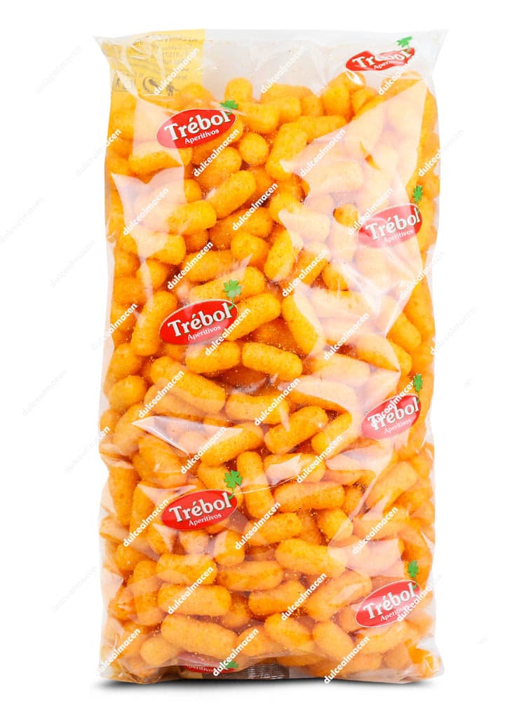 Bolsa de 500 gramos de gusanos de maíz extrusionados de color rojo y sabor intenso de la marca La Madrileña gama Trébol aperitivos - Dulcealmacen
