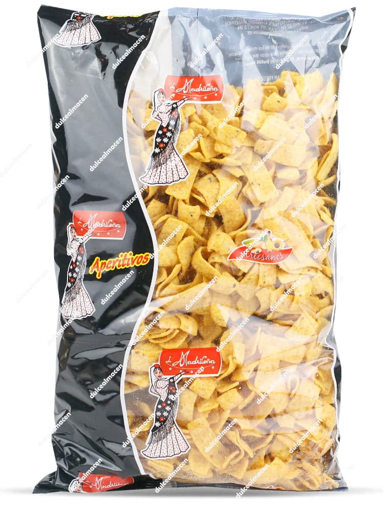 Bolsa de 1 kg de fritos de maíz con sabor barbacoa de la marca La Madrileña gama tu Aperitivo con diseño negro y ventana transparente - Dulcealmacen